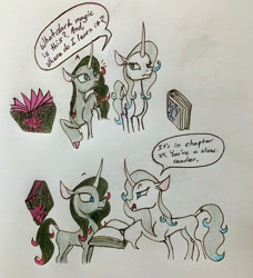 Size: 2336x2567 | Tagged: safe, artist:littlemissyxdl, imported from derpibooru, unicorn, them's fightin' herds, book, community related, curved horn, doppelganger, horn, oleander (tfh), pure oleander, self paradox, self ponidox, traditional art, unicornomicon, unshorn fetlocks