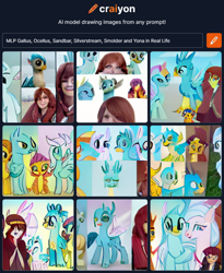 Size: 760x926 | Tagged: safe, imported from derpibooru, gallus, ocellus, sandbar, silverstream, smolder, yona, changedling, changeling, classical hippogriff, dragon, earth pony, griffon, hippogriff, pony, yak, ai content, ai generated, generator:craiyon, student six