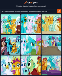 Size: 760x926 | Tagged: safe, imported from derpibooru, gallus, ocellus, sandbar, silverstream, smolder, yona, changedling, changeling, classical hippogriff, dragon, earth pony, griffon, hippogriff, human, pony, yak, ai content, ai generated, generator:craiyon, not salmon, student six, wat