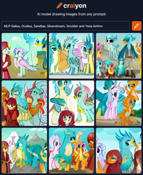 Size: 760x926 | Tagged: safe, imported from derpibooru, gallus, ocellus, sandbar, silverstream, smolder, yona, anthro, changedling, changeling, classical hippogriff, dragon, earth pony, griffon, hippogriff, pony, yak, ai content, ai generated, generator:craiyon, student six