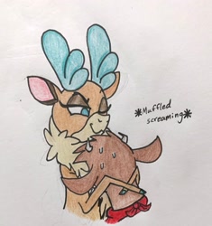 Size: 2400x2558 | Tagged: safe, artist:littlemissyxdl, imported from derpibooru, cow, deer, reindeer, them's fightin' herds, arizona (tfh), calf, community related, suffocating, sweat, traditional art, velvet (tfh)