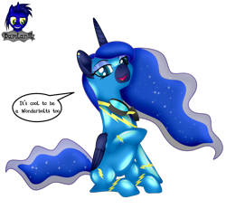 Size: 4154x3840 | Tagged: safe, artist:damlanil, imported from derpibooru, princess luna, alicorn, pony, bodysuit, catsuit, clothes, comic, cute, ear piercing, ethereal mane, eyeshadow, female, galaxy mane, goggles, horn, jewelry, latex, latex suit, looking at you, makeup, mare, piercing, rubber, shiny, shiny mane, show accurate, simple background, sitting, smiling, smiling at you, solo, speech bubble, suit, text, transparent background, uniform, vector, wings, wonderbolts, wonderbolts uniform