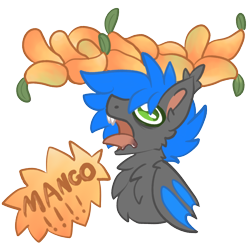 Size: 2000x2000 | Tagged: safe, artist:michini, imported from derpibooru, oc, oc:prismarine gale, bat pony, pony, drool, food, mango, screaming, simple background, speech bubble, text, transparent background