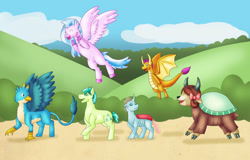 Size: 1600x1027 | Tagged: safe, artist:spacemalla, imported from derpibooru, gallus, ocellus, sandbar, silverstream, smolder, yona, changedling, changeling, classical hippogriff, dragon, earth pony, griffon, hippogriff, pony, yak, bow, cloven hooves, colored hooves, dragoness, female, flying, hair bow, jewelry, male, monkey swings, necklace, student six, teenager