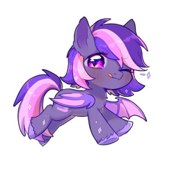 Size: 500x500 | Tagged: safe, artist:dreamsugar, imported from derpibooru, oc, oc only, oc:midnight mist, bat pony, pony, bat wings, chibi, commission, eye clipping through hair, female, looking at you, one eye closed, simple background, solo, tongue out, white background, wings, wink, winking at you