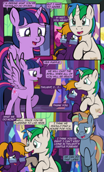 Size: 1920x3168 | Tagged: safe, artist:alexdti, imported from derpibooru, twilight sparkle, oc, oc:brainstorm (alexdti), oc:purple creativity, oc:star logic, alicorn, pegasus, pony, unicorn, comic:quest for friendship, comic, crying, dialogue, female, folded wings, glasses, high res, hooves, horn, lidded eyes, looking at someone, male, mare, narrowed eyes, one eye closed, open mouth, open smile, pegasus oc, raised hoof, sitting, smiling, speech bubble, spread wings, stallion, standing, tears of joy, teary eyes, twilight sparkle (alicorn), unicorn oc, wings