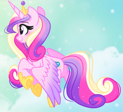 Size: 1682x1519 | Tagged: safe, artist:emberslament, imported from derpibooru, princess cadance, alicorn, pony, blushing, cloud, crown, cute, cutedance, flying, heart, heart eyes, hoof heart, jewelry, regalia, solo, sparkly mane, underhoof, wingding eyes