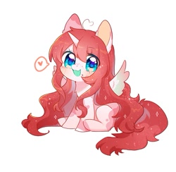 Size: 567x553 | Tagged: safe, artist:dreamsugar, imported from derpibooru, oc, oc only, oc:nokori, alicorn, pony, alicorn oc, chibi, commission, eye clipping through hair, female, heart, horn, looking at you, open mouth, open smile, simple background, sitting, smiling, smiling at you, solo, speech bubble, spread wings, white background, wings