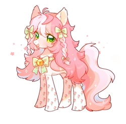 Size: 651x644 | Tagged: safe, artist:dreamsugar, imported from derpibooru, oc, oc only, earth pony, pony, bell, bow, bowtie, cat bell, clothes, commission, eye clipping through hair, female, hair bow, looking at you, mare, open mouth, open smile, simple background, smiling, smiling at you, solo, white background