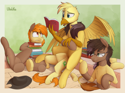 Size: 5374x4000 | Tagged: safe, artist:uliovka, imported from derpibooru, oc, oc:be sharp, oc:beamshot, oc:golden plume, earth pony, griffon, pony, book, detachable head, disassembly fetish, earth pony oc, glasses, green background, half, headless, male, modular, simple background, stallion