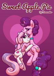 Size: 2480x3508 | Tagged: safe, artist:moonseeker, imported from derpibooru, sugar belle, sweetie belle, pony, unicorn, comic:sweet apple pie, butt, cover, dock, duo, female, hug, implied anus, implied labia, looking at you, mare, older, older sugar belle, older sweetie belle, plot, tail, underhoof