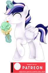 Size: 1280x1948 | Tagged: safe, artist:pure-blue-heart, imported from derpibooru, oc, oc only, oc:dusk bolt, alicorn, alicorn oc, food, freckles, horn, ice cream, magic, male, patreon, patreon logo, patreon reward, simple background, solo, telekinesis, transparent background, watermark, wings