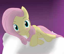 Size: 3500x3000 | Tagged: safe, artist:reinbou, imported from derpibooru, fluttershy, pegasus, pony, bed, blushing, cute, female, light, looking at you, shyabetes, simple background, solo