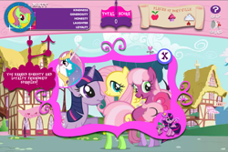 Size: 911x609 | Tagged: safe, imported from derpibooru, screencap, cheerilee, fluttershy, minty, pinkie pie, princess celestia, spike, twilight sparkle, dragon, earth pony, pegasus, pony, unicorn, adventures in ponyville, apple, cloud, cupcake, element of generosity, element of honesty, element of kindness, element of laughter, element of loyalty, element of magic, elements of harmony, eyes closed, food, fruit, g3, g3 to g4, g4, game, generation leap, jewelry, magic, map, megaphone, menu, necklace, ponyville, question mark, scroll, smiling, sparkles, twilight is a lion, unicorn twilight