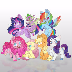 Size: 1600x1600 | Tagged: safe, artist:bluefor3v3r, imported from derpibooru, applejack, fluttershy, pinkie pie, rainbow dash, rarity, spike, twilight sparkle, alicorn, dragon, earth pony, pegasus, pony, unicorn, bandaid, blaze (coat marking), coat markings, colored hooves, colored wings, cute, facial markings, female, flying, leaf, male, mane seven, mane six, mare, multicolored wings, no pupils, rainbow wings, twilight sparkle (alicorn), winged spike, wings