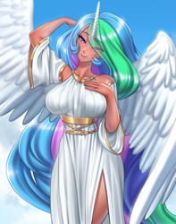 Size: 3773x4800 | Tagged: safe, artist:racoonsan, imported from derpibooru, princess celestia, human, bare shoulders, big breasts, breasts, busty princess celestia, clothes, cute, dress, eye clipping through hair, female, hair over one eye, horn, horned humanization, humanized, looking at you, moderate dark skin, praise the sun, smiling, smiling at you, solo, tan skin, winged humanization, wings