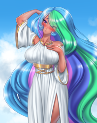 Size: 3773x4800 | Tagged: safe, alternate version, artist:racoonsan, imported from derpibooru, princess celestia, human, bare shoulders, bedroom eyes, big breasts, blushing, breasts, busty princess celestia, clothes, cute, cutelestia, dress, eye clipping through hair, female, hair over one eye, humanized, looking at you, moderate dark skin, praise the sun, robe, solo, tan skin