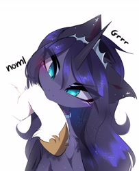 Size: 2600x3200 | Tagged: safe, artist:magnaluna, imported from derpibooru, princess celestia, princess luna, alicorn, pony, behaving like a cat, biting, cute, eye clipping through hair, growling, hooves, nom, simple background, this will end in a trip to the moon, white background