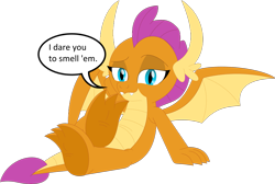 Size: 3555x2391 | Tagged: safe, artist:porygon2z, edit, imported from derpibooru, smolder, dragon, dragoness, feet, female, fetish, foot fetish, foot focus, simple background, solo, speech bubble, transparent background