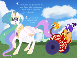 Size: 1168x887 | Tagged: safe, artist:maplefr0st, artist:~doughderg, imported from derpibooru, princess celestia, scootaloo, alicorn, pegasus, pony, cannon, cloud, crown, dialogue, duo, duo female, exclamation point, female, flying lesson, fuse, grass, grass field, helmet, interrobang, jewelry, pony cannonball, question mark, regalia, scootaloo can't fly, smug, this will end in tears and/or a journey to the moon, this will end in tears and/or death and/or covered in tree sap, to the moon, trollestia