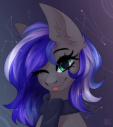 Size: 1840x2060 | Tagged: safe, artist:elektra-gertly, imported from derpibooru, oc, oc only, oc:flaming dune, pegasus, pony, :p, bust, clothes, commission, constellation, cute, ear fluff, female, green eyes, looking at you, mare, multicolored mane, night, night sky, one eye closed, pegasus oc, portrait, scarf, sky, smiling, smiling at you, solo, stars, tongue out, wink, winking at you