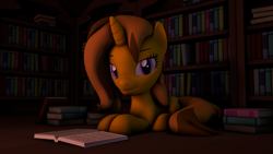 Size: 1920x1080 | Tagged: safe, artist:skyarrow, imported from derpibooru, oc, oc only, oc:amber honeycombs, pony, unicorn, 3d, book, bookshelf, female, mare, solo, source filmmaker