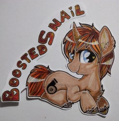 Size: 2822x2868 | Tagged: safe, artist:annuthecatgirl, imported from derpibooru, oc, oc only, oc:boosted snail, pony, unicorn, badge, solo, traditional art