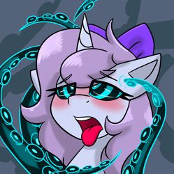 Size: 1276x1280 | Tagged: safe, artist:askhypnoswirl, imported from derpibooru, oc, oc:swirly daze, pony, unicorn, ahegao, blushing, bow, hair bow, hypno eyes, hypnosis, open mouth, solo, tentacles, tongue out