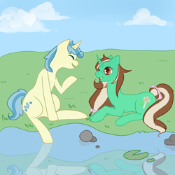 Size: 2000x2000 | Tagged: safe, artist:sockl, imported from derpibooru, oc, oc only, oc:mint swirl, oc:mountain mist, pony, unicorn, duo, female, horn, lilypad, male, reflection, unicorn oc, water