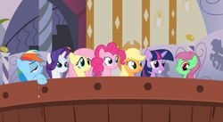 Size: 937x513 | Tagged: safe, edit, edited screencap, imported from derpibooru, screencap, applejack, fluttershy, minty, pinkie pie, rainbow dash, rarity, twilight sparkle, earth pony, pegasus, pony, unicorn, bridle gossip, adventures in ponyville, g3, g3 to g4, g4, generation leap, hot tub, mane six, ponyville spa, relaxing, smiling, unicorn twilight