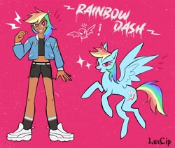 Size: 2048x1736 | Tagged: safe, artist:luxcip, imported from derpibooru, rainbow dash, human, pegasus, pony, belly button, belt, clothes, dark skin, dreamworks face, ear piercing, earring, female, flying, grin, humanized, jacket, jewelry, mare, midriff, nail polish, piercing, pink background, raised hoof, raised leg, self paradox, self ponidox, shoes, shorts, simple background, smiling, sneakers, socks, solo, sports bra, striped socks