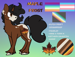 Size: 2224x1668 | Tagged: safe, artist:maplefr0st, artist:~doughderg, imported from derpibooru, oc, oc only, oc:maple frost, pony, unicorn, autumn, disabled, draft horse, pride, pride flag, queer, reference sheet, spots, transgender pride flag
