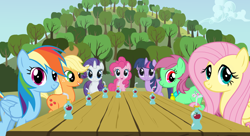 Size: 938x512 | Tagged: safe, edit, edited screencap, imported from derpibooru, screencap, applejack, fluttershy, minty, pinkie pie, rainbow dash, rarity, twilight sparkle, earth pony, pegasus, pony, unicorn, applebuck season, adventures in ponyville, apple juice, bare tree, drink, drinking straw, g3, g3 to g4, g4, generation leap, jewelry, juice, looking at you, mane six, necklace, open mouth, smiling, sweet apple acres, table, tree, unicorn twilight