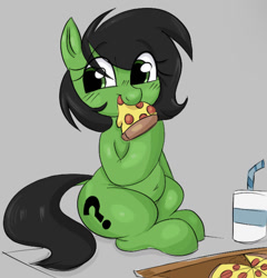 Size: 1166x1216 | Tagged: safe, artist:mushy, imported from derpibooru, oc, oc:filly anon, earth pony, pony, aggie.io, belly, chubby, eating, female, filly, food, gray background, meat, peetzer, pepperoni, pepperoni pizza, pizza, pizza box, simple background, soda, solo