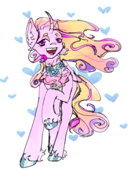 Size: 941x1200 | Tagged: safe, artist:man;, artist:millman;, imported from derpibooru, princess cadance, alicorn, chest fluff, curved horn, ear fluff, heart, horn, lidded eyes, looking at you, love, open mouth, open smile, pink, princess, simple background, smiling