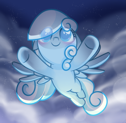 Size: 983x959 | Tagged: safe, artist:gouzitongxue23284, imported from derpibooru, oc, oc:snowdrop, pegasus, pony, blushing, cloud, female, filly, flying, foal, night, smiling, solo