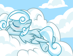 Size: 2048x1556 | Tagged: safe, artist:gouzitongxue23284, imported from derpibooru, oc, oc:snowdrop, pegasus, pony, blushing, cloud, eyes closed, female, filly, foal, lying down, lying on a cloud, on a cloud, sleeping, smiling, solo