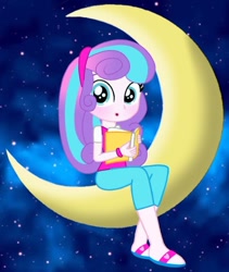 Size: 674x797 | Tagged: safe, artist:suzanflour508, imported from derpibooru, princess flurry heart, human, equestria girls, book, crescent moon, cute, equestria girls-ified, female, moon, older, older flurry heart, solo