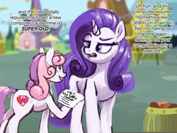 Size: 2732x2048 | Tagged: safe, artist:phutashi, imported from derpibooru, rarity, sweetie belle, pony, unicorn, dialogue, duo, duo female, eye contact, female, filly, foal, frown, high res, hoof hold, lies, list, looking at each other, looking at someone, mare, missing horn, open mouth, open smile, raised eyebrow, raised hoof, rarity is not amused, siblings, sisters, smiling, unamused