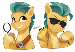 Size: 3801x2654 | Tagged: safe, artist:maren, imported from derpibooru, hitch trailblazer, earth pony, pony, coat markings, duality, frown, g5, good cop bad cop, grin, magnifying glass, male, my little pony: tell your tale, notepad, open mouth, open smile, simple background, smiling, socks (coat markings), solo, sparkles, stallion, sunglasses, white background