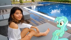 Size: 1272x716 | Tagged: safe, edit, imported from ponybooru, lyra heartstrings, human, pony, feet, irl, irl human, meme, myanmar, photo, ponies in real life, resort, sitting, sitting lyra, swimming pool