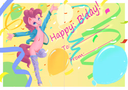 Size: 3508x2480 | Tagged: safe, artist:deiviantart, imported from ponybooru, anthro, earth pony, unguligrade anthro, abstract background, arms in the air, balloon, birthday card, clothes, confetti, female, happy birthday, hoodie, jacket, leg warmers, looking at you, mare, open clothes, open jacket, open mouth, open smile, smiling, smiling at you, solo, streamers