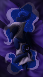 Size: 1080x1920 | Tagged: safe, artist:brisineo, princess luna, alicorn, pony, bed, bedsheets, eyes closed, glowing mane, hugging a pillow, pillow, sleeping, smiling, solo