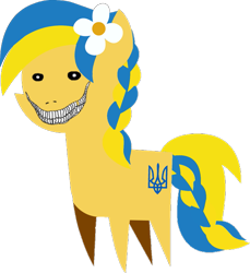 Size: 550x600 | Tagged: safe, artist:archooves, edit, imported from derpibooru, oc, oc only, oc:ukraine, earth pony, pony, braid, evil grin, exploitable meme, faic, grin, meme, nation ponies, pointy ponies, ponified, simple background, smiling, solo, transparent background, ukraine, wojak