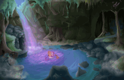 Size: 1200x776 | Tagged: safe, artist:aquaticsun, artist:theshadowscale, imported from derpibooru, applejack, rarity, pony, animated, bathing, cavern, cinemagraph, female, grotto, kissing, lesbian, moonlight, night, outdoors, pond, rarijack, shipping, solo, water, waterfall, wet, wet mane, wet mane rarity