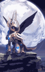 Size: 618x1000 | Tagged: safe, artist:cannibalus, artist:theshadowscale, imported from derpibooru, oc, oc only, oc:ruhig fortepiano, pegasus, pony, protoss, absurd file size, absurd gif size, animated, armor, artanis, cinemagraph, crystal, gif, male, moon, solo, stallion, starcraft
