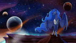 Size: 1280x720 | Tagged: safe, artist:stepandy, artist:theshadowscale, imported from derpibooru, princess luna, alicorn, pony, absurd file size, absurd gif size, animated, cinemagraph, cliff, ethereal mane, female, frown, gif, lidded eyes, mare, planet, scenery, sky, solo, space, spread wings, stars, wings