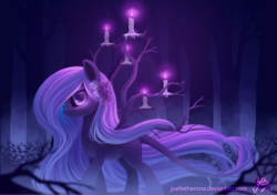 Size: 1700x1200 | Tagged: safe, artist:joellethenose, imported from derpibooru, oc, oc only, oc:soul whisperer, pony, 2015, candle, fog, forest, leonine tail, night, old art, solo, tail