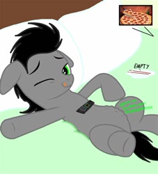 Size: 474x523 | Tagged: safe, artist:darkplayerferraz269, imported from derpibooru, oc, oc only, oc:tony, earth pony, pony, bed, belly, floppy ears, food, hungry, male, one eye closed, pizza, remote, solo, stallion, stomach growl, stomach noise, tongue out