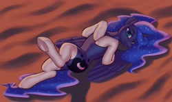 Size: 2019x1200 | Tagged: safe, artist:escapist, imported from derpibooru, princess luna, alicorn, pony, bedroom eyes, clothes, female, horn, legwear, lip bite, looking at you, lying down, mare, on back, partially open wings, socks, solo, stockings, thigh highs, underhoof, white socks, white stockings, wings